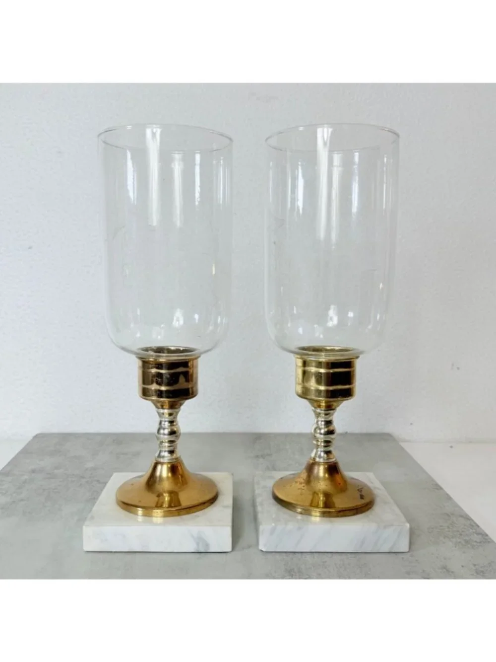 Vintage Italian Hurricane Candle Holder Set of 2 Brass Marble Etched Glass Pair